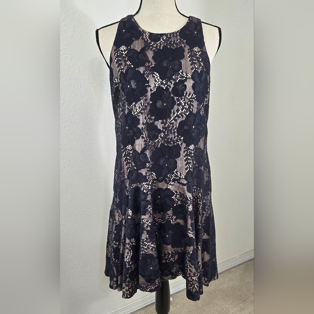 Eliza J Floral Lined Dark Navy Blue Dress High Low Lace Prairie Event, size 10P